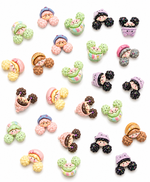 Hand-painted beanie girl resin charms with pastel and glitter pigtails - 20 piece pack