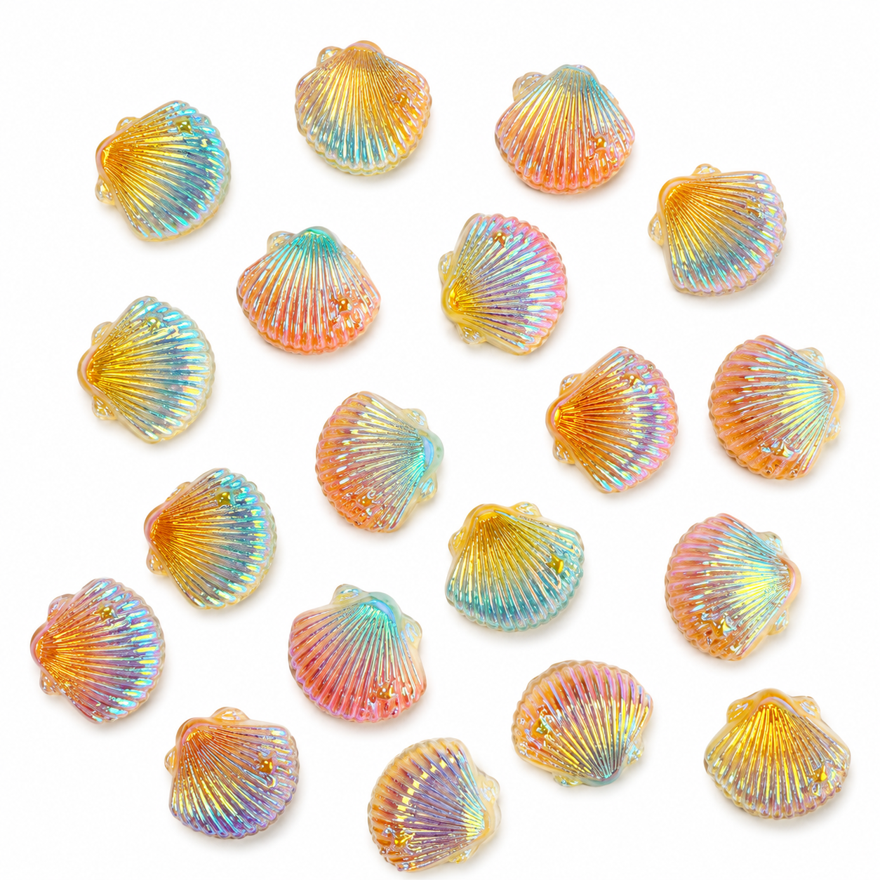 Iridescent rainbow seashell resin charms with golden shimmer - 20 piece pack