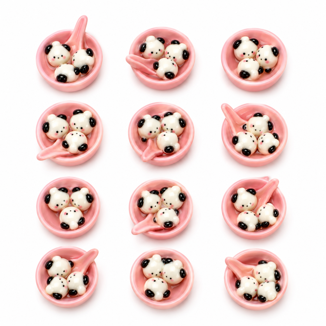 Panda soup bowl resin charms - pink bowls with three panda dumplings and a spoon - 5 piece pack
