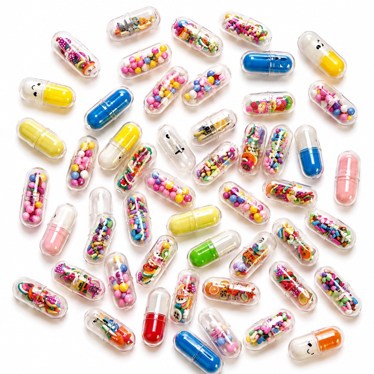 Clear capsule shaker charms filled with rainbow sprinkles and beads - 20 piece pack